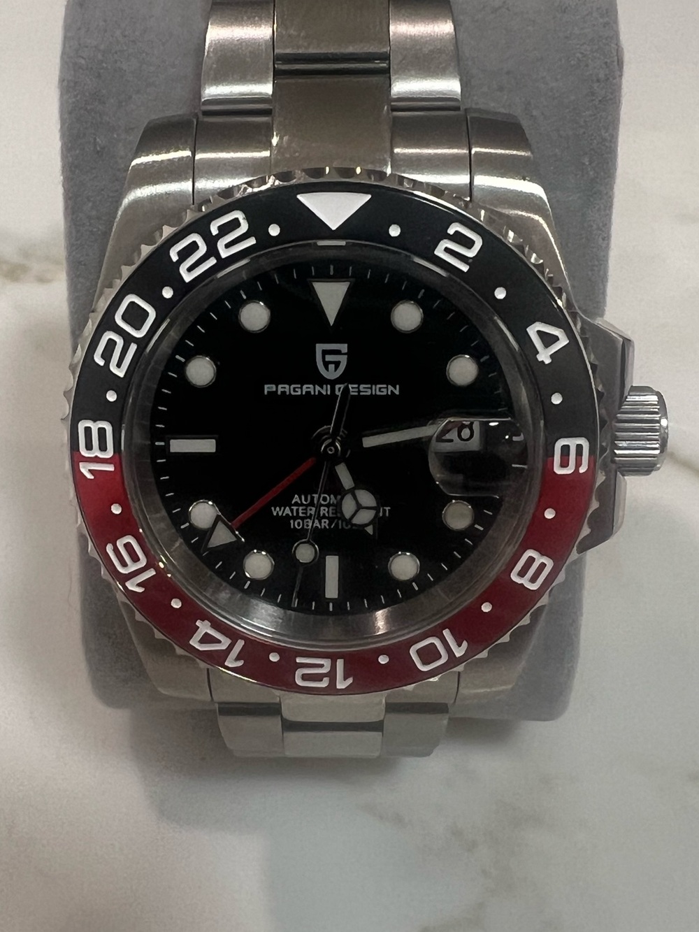 Men's Automatic Stainless Steel Watch Black Dial Red & Black Bezel Pagani Coke